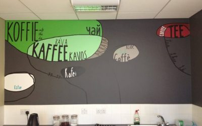 A multilingual wall vinyl in a kitchen descibing all the ways to say tea/coffee